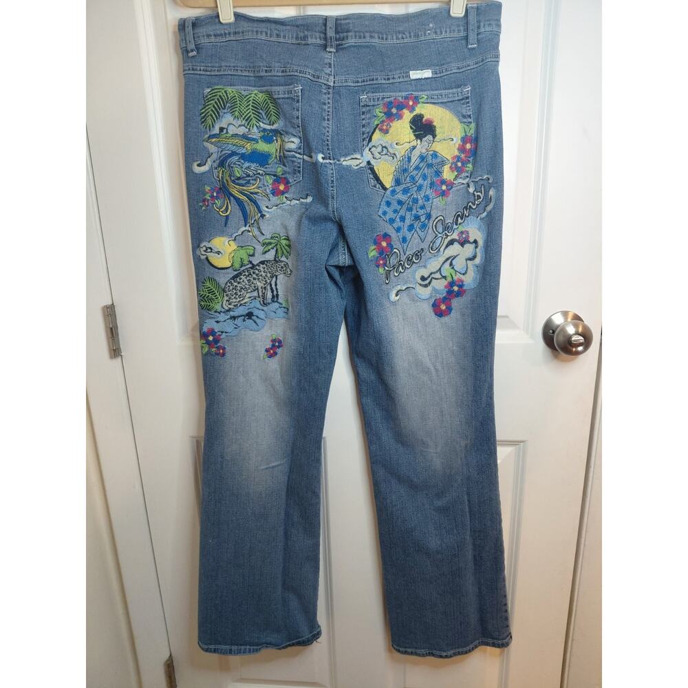 Vintage Paco Jeans Y2K Embroidered Asian Landscape Cheetah Pants Baggy Sk Sz 17
